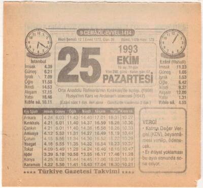 25 Ekim 1993 Takvim Yaprağı EFM(N)3181 - 3