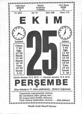 25 Ekim 2001 Takvim Yaprağı - Doğum Günü Hediyesi EFM(N)10492 - 1