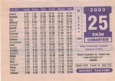 25 Ekim 2003 Takvim Yaprağı EFM(N)3727 - 1