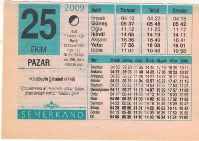25 Ekim 2009 Takvim Yaprağı EFM(N)3304 - 1