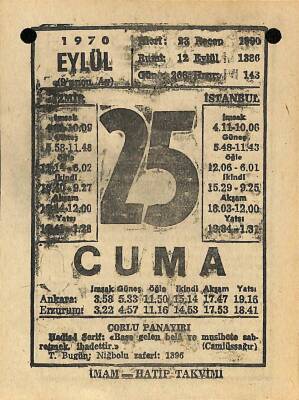 25 Eylül 1970 Takvim Yaprağı - Doğum Günü Hediyesi EFM(N)9901 - 2