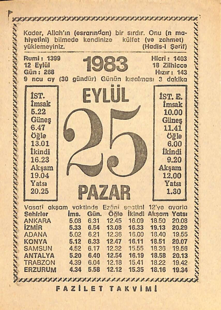 25 Eylül 1983 Takvim Yaprağı - Doğum Günü Hediyesi EFMN15384 - 1