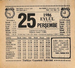 25 Eylül 1986 Takvim Yaprağı - Doğum Günü Hediyesi EFMN14936 - Gökçekoleksiyon
