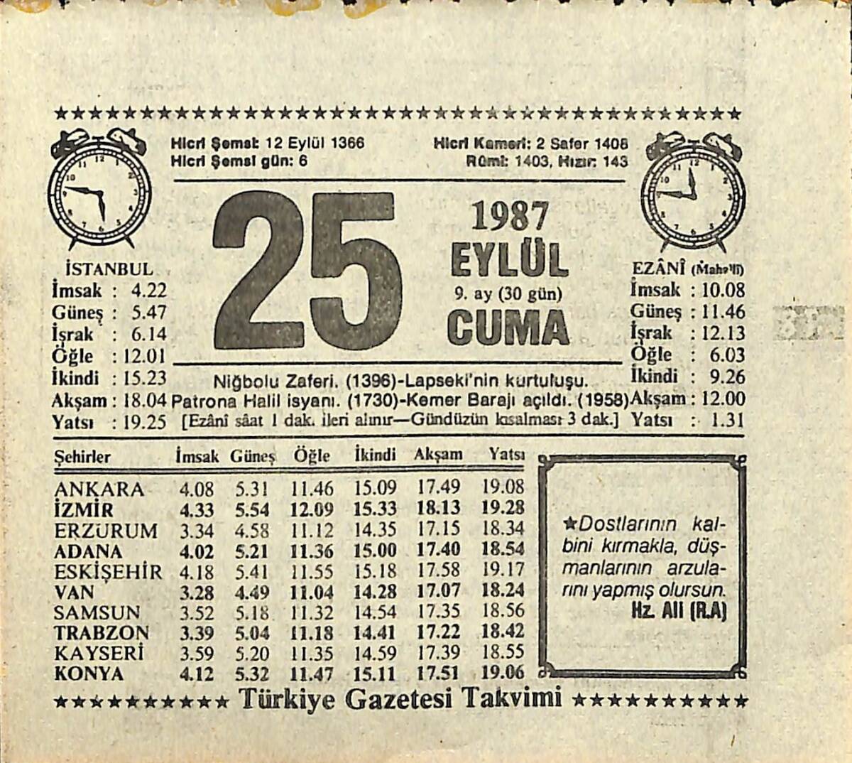 25 Eylül 1987 Takvim Yaprağı - Doğum Günü Hediyesi EFMN13960 - 1
