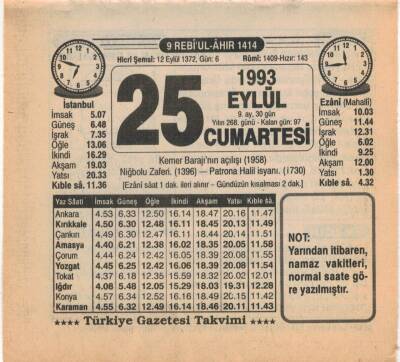 25 Eylül 1993 Takvim Yaprağı EFM(N)2897 - 3