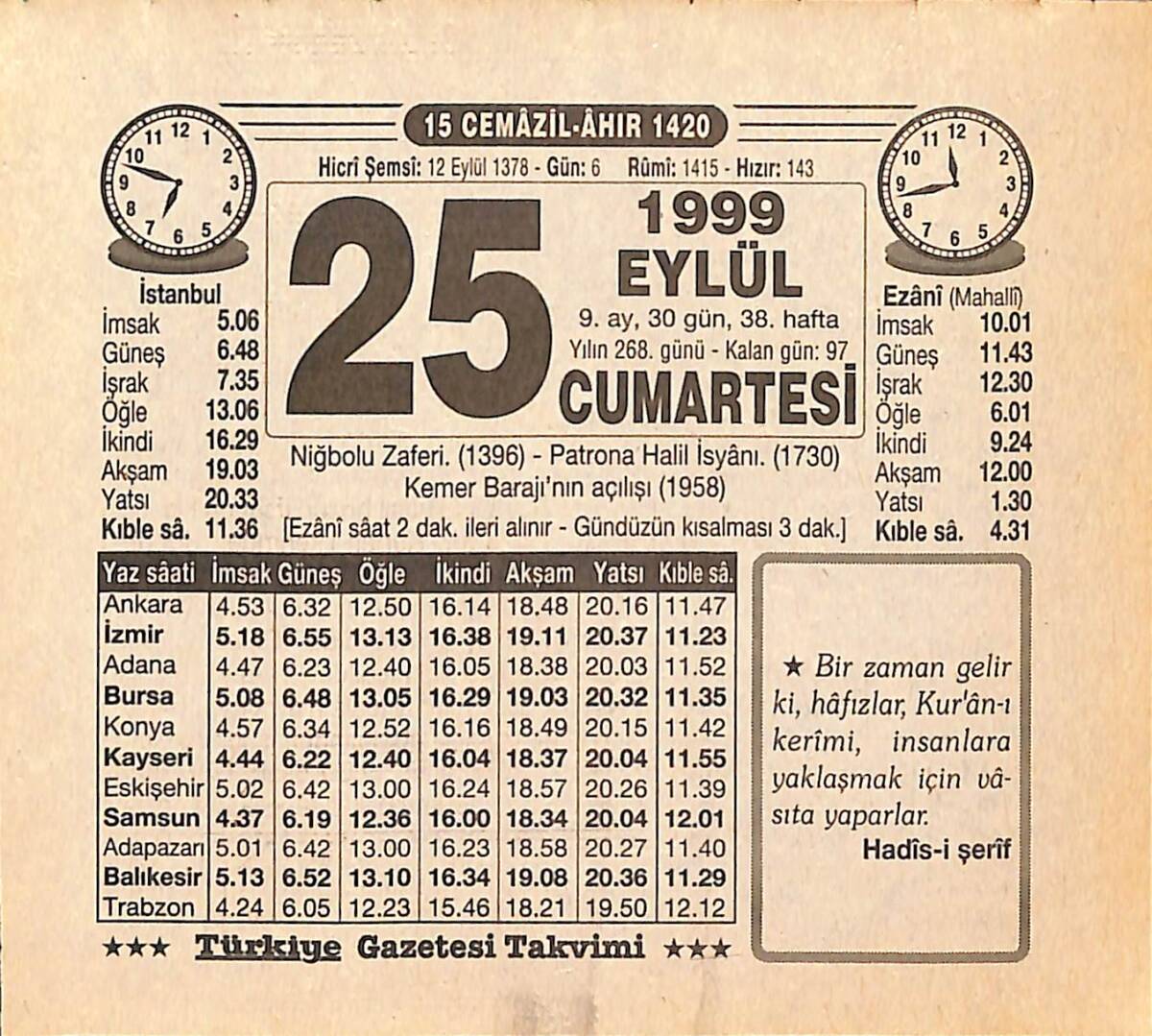 25 Eylül 1999 Takvim Yaprağı - Doğum Günü Hediyesi EFMN15482 - 1