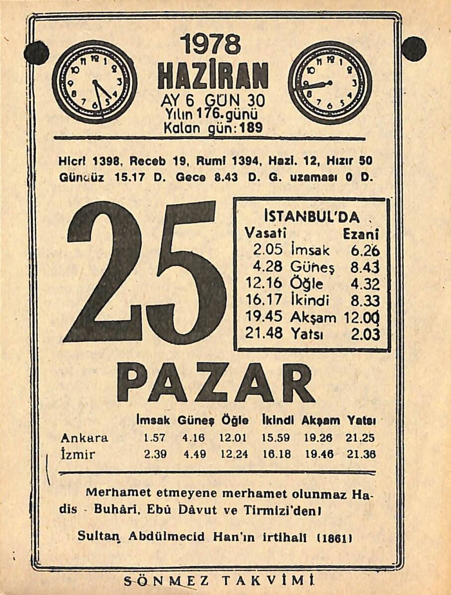 25 Haziran 1978 Takvim Yaprağı - Doğum Günü Hediyesi EFMN15365 - 1