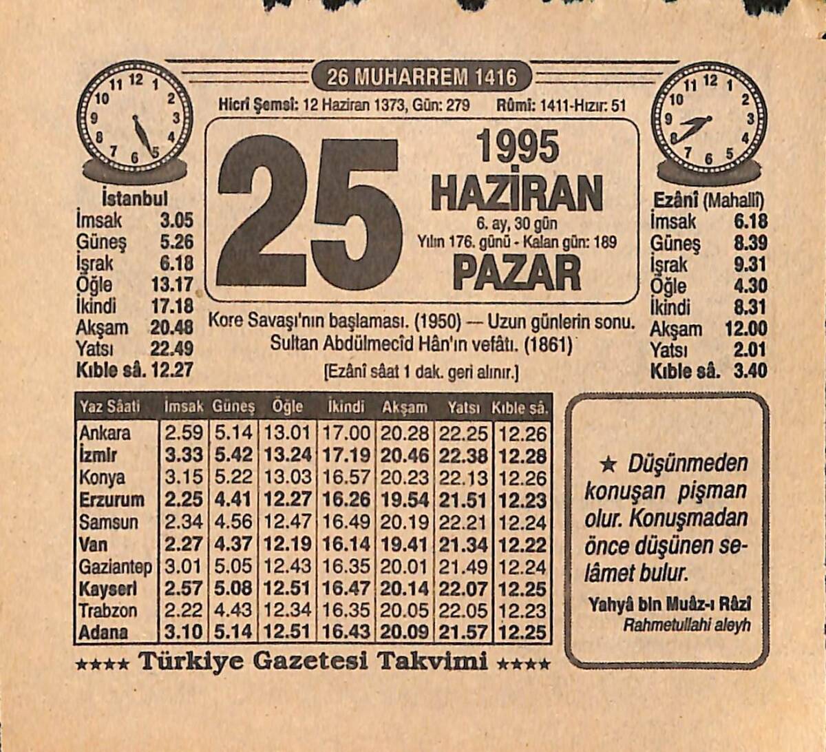 25 Haziran 1995 Takvim Yaprağı - Doğum Günü Hediyesi EFMN15470 - 1
