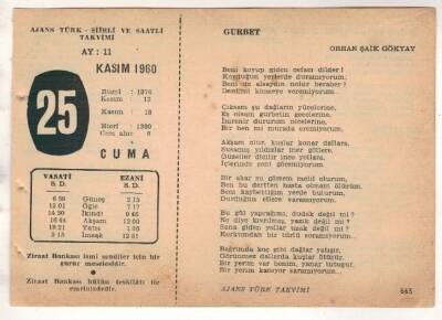 25 Kasım 1960 Ajans Türk Takvim Yaprağı (Şiirli Saatli) EFM(N) 1791 - 3