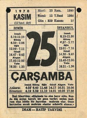 25 Kasım 1970 Takvim Yaprağı - Doğum Günü Hediyesi EFM(N)10757 - 2