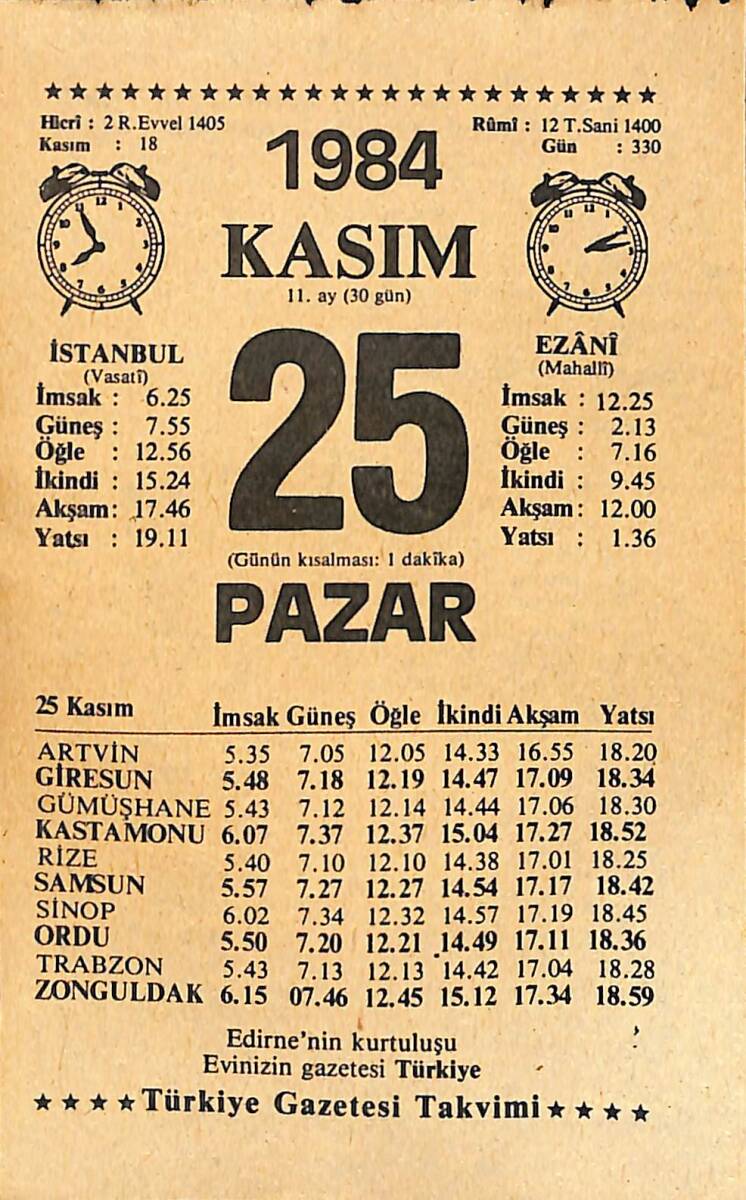 25 Kasım 1984 Takvim Yaprağı - Doğum Günü Hediyesi EFMN14529 - 1
