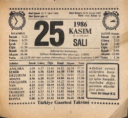 25 Kasım 1986 Takvim Yaprağı - Doğum Günü Hediyesi EFMN14878 - Gökçekoleksiyon