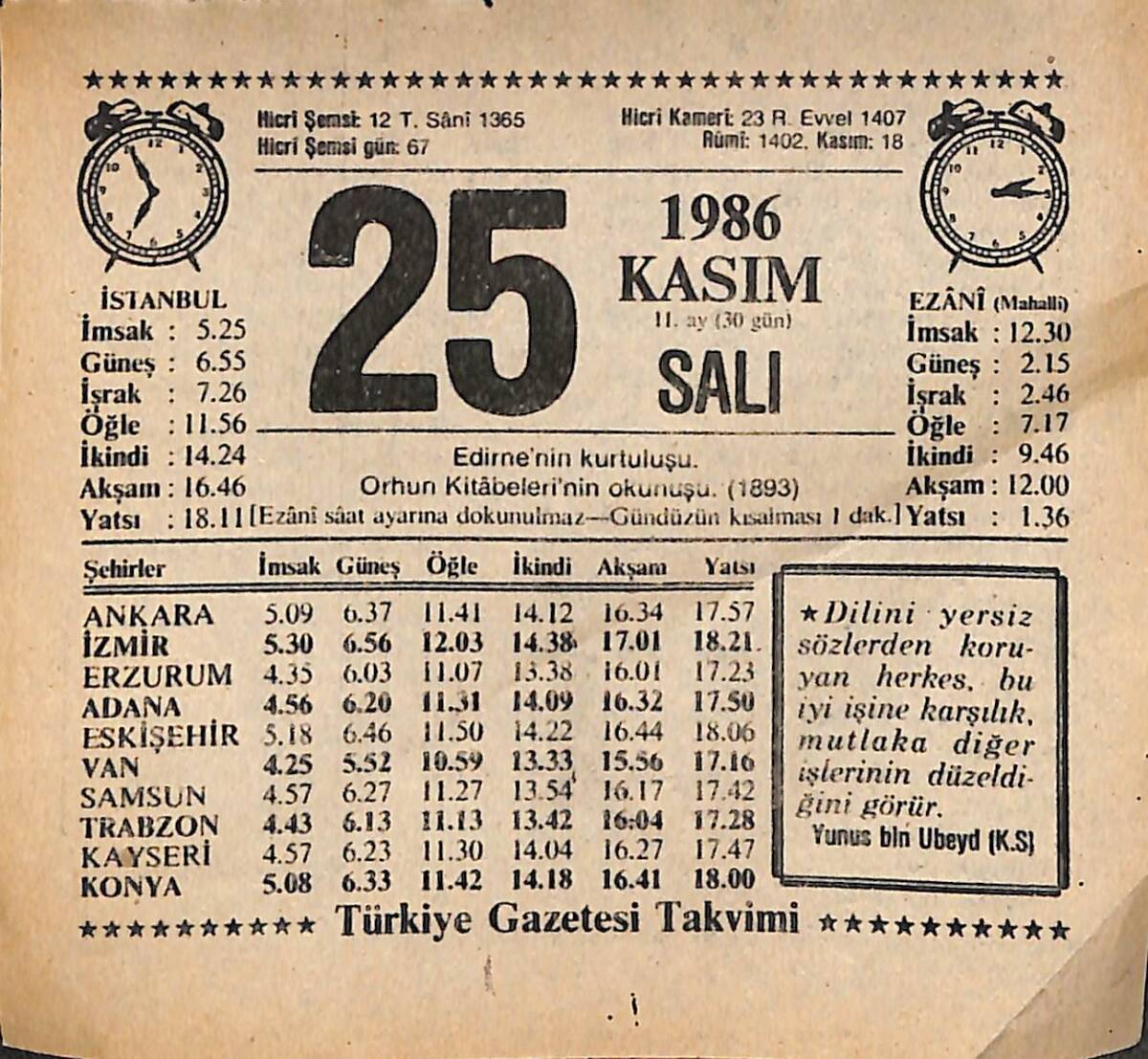 25 Kasım 1986 Takvim Yaprağı - Doğum Günü Hediyesi EFMN14878 - 1