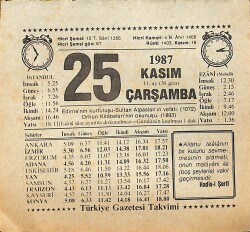 25 Kasım 1987 Takvim Yaprağı - Doğum Günü Hediyesi EFMN15016 - Gökçekoleksiyon