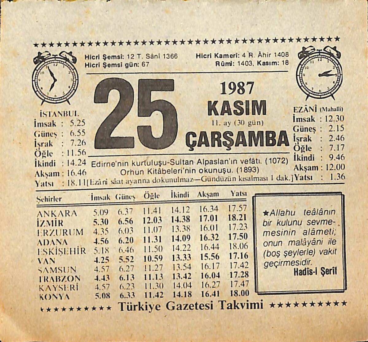 25 Kasım 1987 Takvim Yaprağı - Doğum Günü Hediyesi EFMN15016 - 1