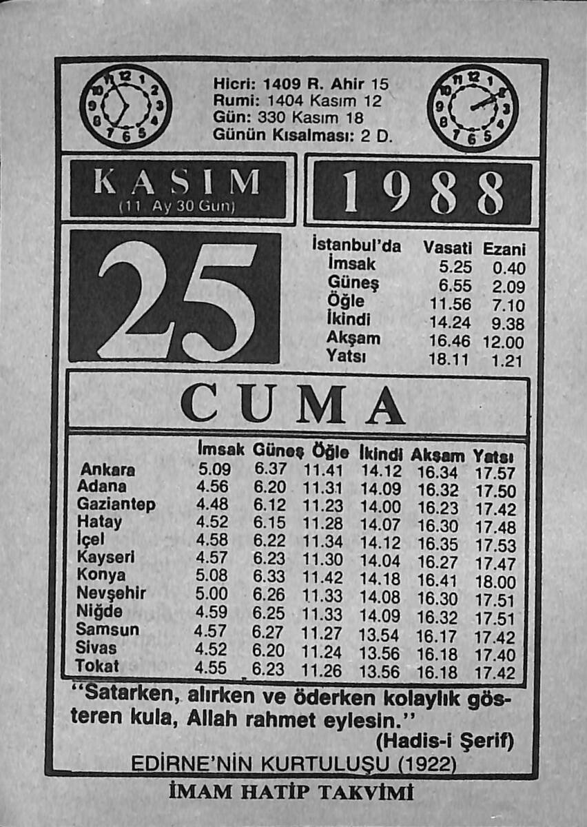 25 Kasım 1988 Takvim Yaprağı - Doğum Günü Hediyesi EFMN14605 - 1