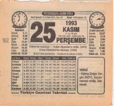 25 Kasım 1993 Takvim Yaprağı EFM(N)3879 - 1