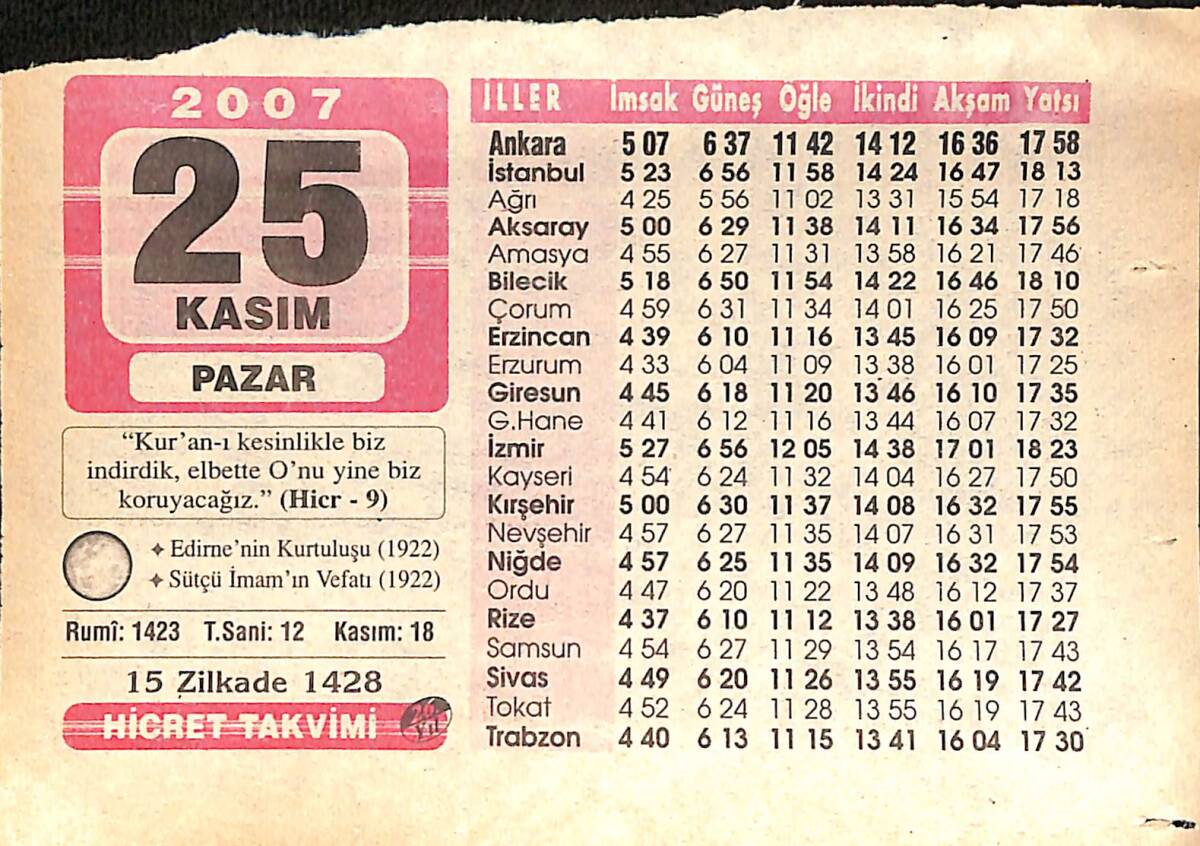 25 Kasım 2007 Takvim Yaprağı - Doğum Günü Hediyesi EFMN15996 - 1