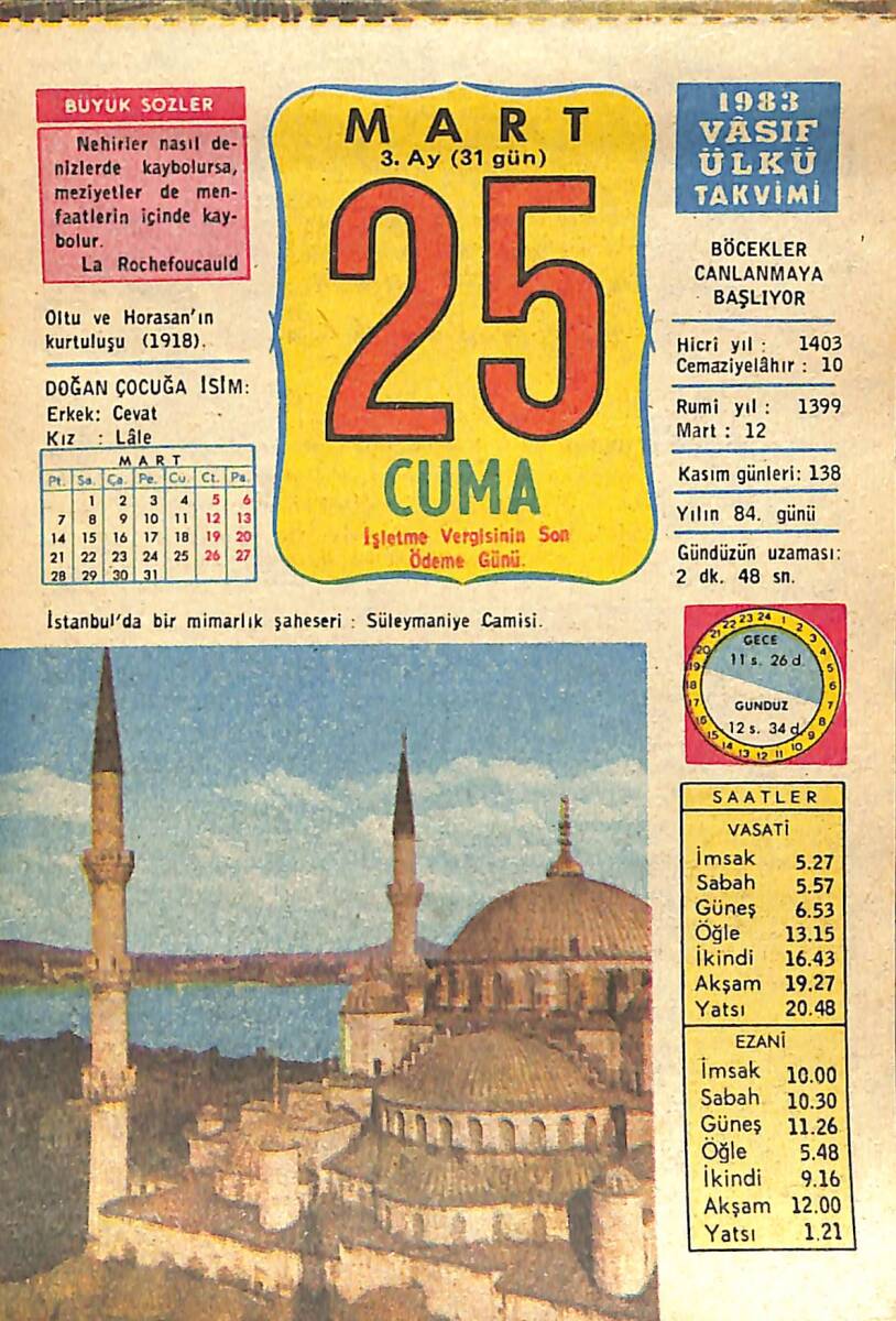 25 Mart 1983 Takvim Yaprağı - Doğum Günü Hediyesi EFMN15026 - 1