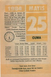 25 Mayıs 1984 Takvim Yaprağı EFM(N)6234 - Gökçekoleksiyon