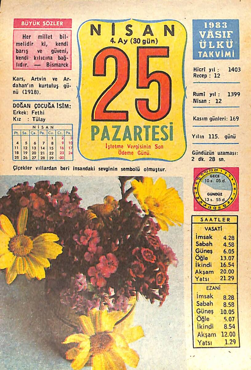 25 Nisan 1983 Takvim Yaprağı - Doğum Günü Hediyesi EFMN15136 - 1