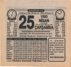 25 Nisan 1990 Takvim Yaprağı EFM(N)6178 - Gökçekoleksiyon