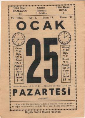 25 Ocak 1965 Takvim Yaprağı EFM(N)4521 - 1