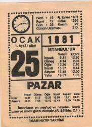 25 Ocak 1981 Takvim Yaprağı EFM(N)4671 - Gökçekoleksiyon