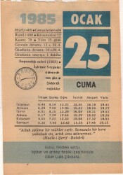 25 Ocak 1985 Takvim Yaprağı EFM(N)4795 - Gökçekoleksiyon