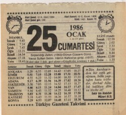 25 Ocak 1986 Takvim Yaprağı EFM(N)5043 - Gökçekoleksiyon