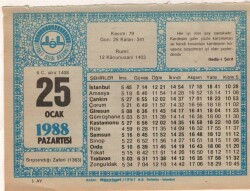 25 Ocak 1988 Takvim Yaprağı EFM(N)4919 - Gökçekoleksiyon