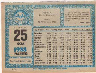 25 Ocak 1988 Takvim Yaprağı EFM(N)4919 - 1