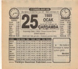 25 Ocak 1989 Takvim Yaprağı EFM(N)4733 - Gökçekoleksiyon