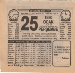 25 Ocak 1990 Takvim Yaprağı EFM(N)4702 - Gökçekoleksiyon