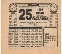 25 Ocak 1993 Takvim Yaprağı EFM(N)4857 - Gökçekoleksiyon