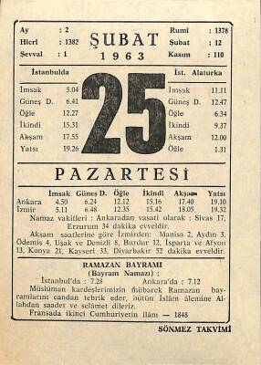 25 Şubat 1963 Takvim Yaprağı - Doğum Günü Hediyesi EFM(N)11296 - 1