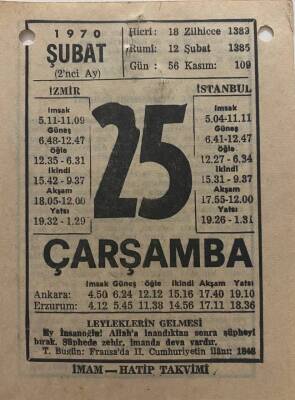 25 Şubat 1970 Takvim Yaprağı - Doğum Günü Hediyesi EFM(N)7775 - 1