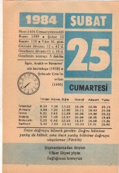 25 Şubat 1984 Takvim Yaprağı EFM(N)5348 - Gökçekoleksiyon