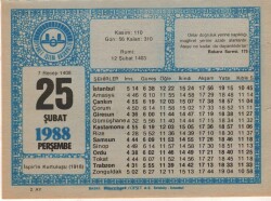 25 Şubat 1988 Takvim Yaprağı EFM(N)5515 - Gökçekoleksiyon