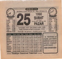 25 Şubat 1990 Takvim Yaprağı EFM(N)5208 - Gökçekoleksiyon