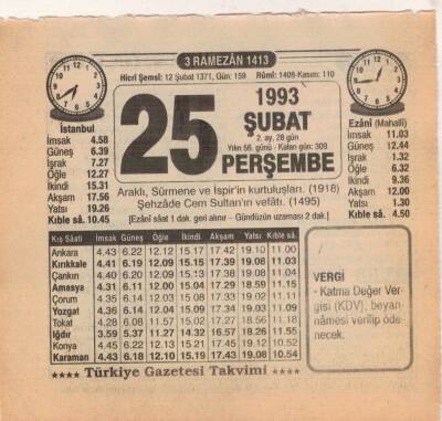 25 Şubat 1993 Takvim Yaprağı EFM(N)5320 - 1