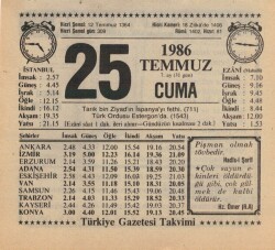 25 Temmuz 1986 Takvim Yaprağı EFM(N)2131 - 3
