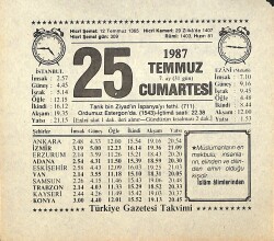 25 Temmuz 1987 Takvim Yaprağı - Doğum Günü Hediyesi EFMN13837 - Gökçekoleksiyon