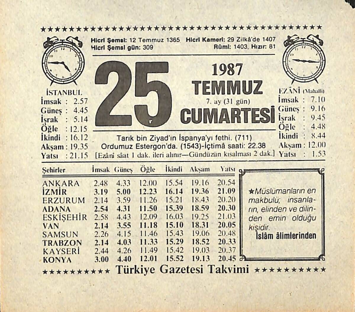 25 Temmuz 1987 Takvim Yaprağı - Doğum Günü Hediyesi EFMN13837 - 1