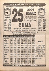 25 Temmuz 2003 Takvim Yaprağı - Doğum Günü Hediyesi EFMN15522 - Gökçekoleksiyon