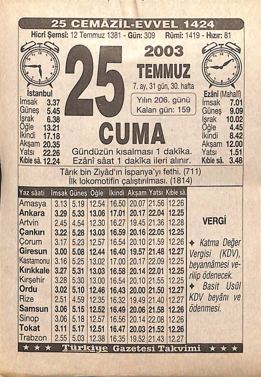 25 Temmuz 2003 Takvim Yaprağı - Doğum Günü Hediyesi EFMN15522 - 1