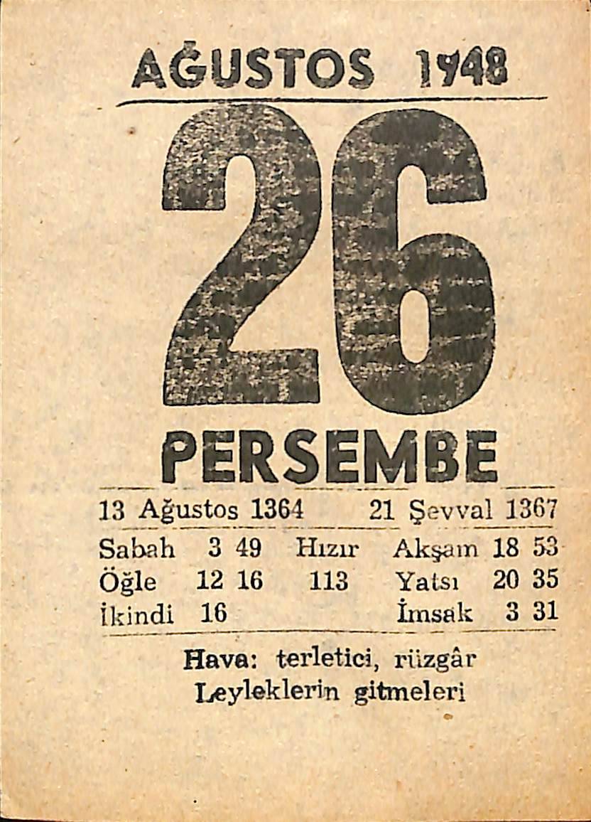 26 Ağustos 1948 Takvim Yaprağı - Doğum Günü Hediyesi EFMN14412 - 1