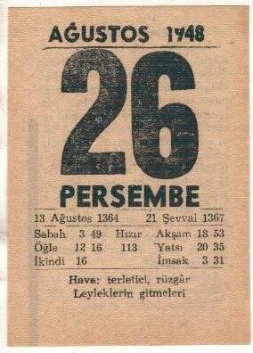 26 Ağustos 1948 Takvim Yaprağı EFM(N)1472 - 1