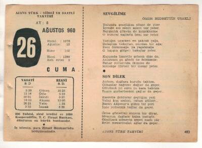 26 Ağustos 1960 Ajans Türk Takvim Yaprağı (Şiirli Saatli) EFM(N) 1704 - 4