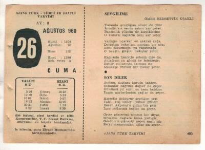 26 Ağustos 1960 Ajans Türk Takvim Yaprağı (Şiirli Saatli) EFM(N) 1704 - 1